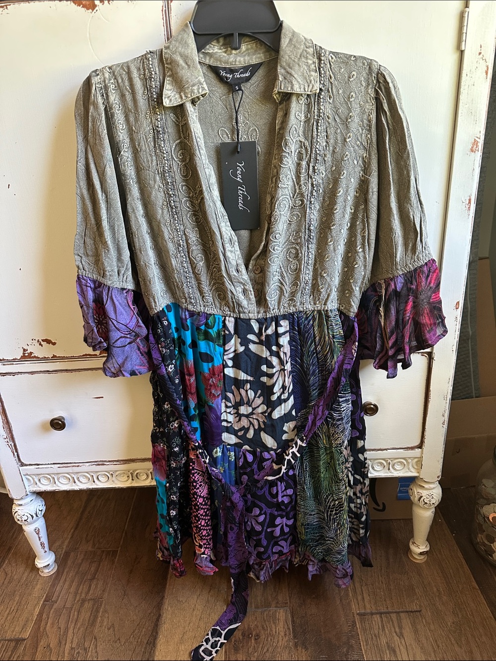 Young Threads Vintage-Inspired Patchwork Short Dress in Olive and Multicolor